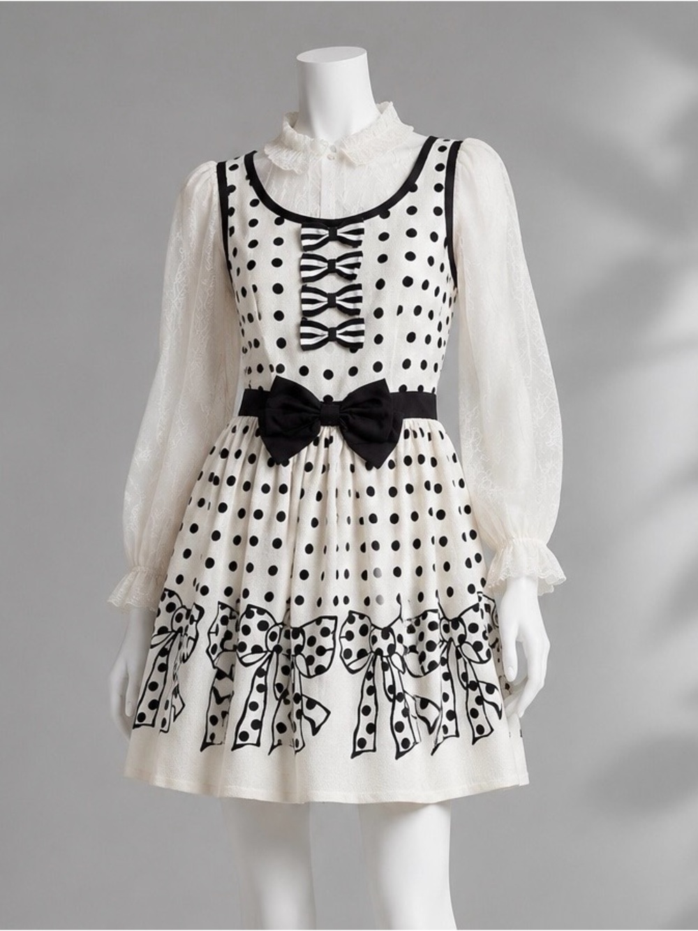 Bodyline Coquette Dress Ivory Black Polka Dot Bow Lolita Twee Cosplay Mini XS